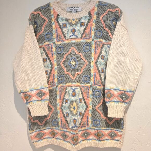 VTG Kitty Hawk Vivian Wang 80s 90s Oversized Wool Blend Chunky Geo Crewneck - S - Picture 1 of 7
